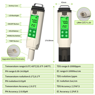 YiERYi YG-9908 4 イン 1 水質検査器 PH / TDS / EC / 温度 高精度ポータブルデザインの多機能試験ペン