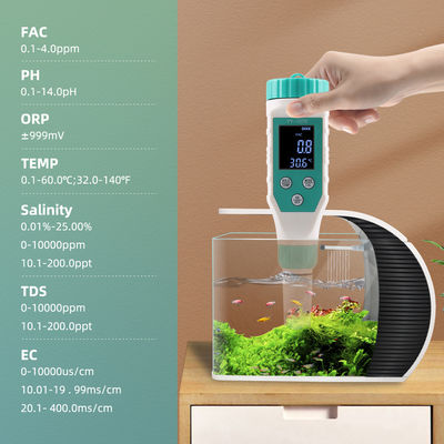 7-in-1 水質テスター - FAC/pH/ORP/塩分/TDS/EC/温度メーター、養殖、家庭 & 研究室向け