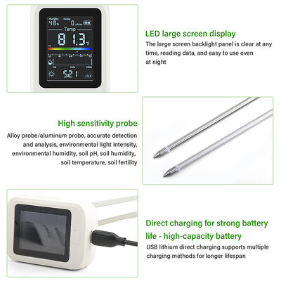 LEDディスプレイ付き6イン1土壌テスト ガーデニングと農業用USBタイプC充電可能・回転可能LCD画面