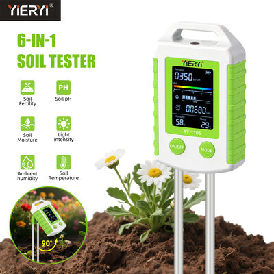 YIERYI 6-in-1 Soil Tester with 90° Rotatable Display for One-Step Operation - Measures pH, Fertility, Moisture, Light, Temperature, and Humidity