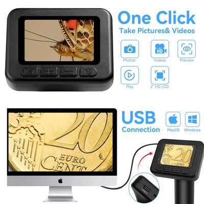 50X-1000X ポータブルデジタル顕微鏡 2"インチ IPSスクリーンと8つの調整可能なLEDで高画質観測