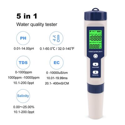 5 in 1 デジタル水質検査器 IP67 防水評価と切断可能な高感度電極,正確なpH EC TDS塩分と温度測定