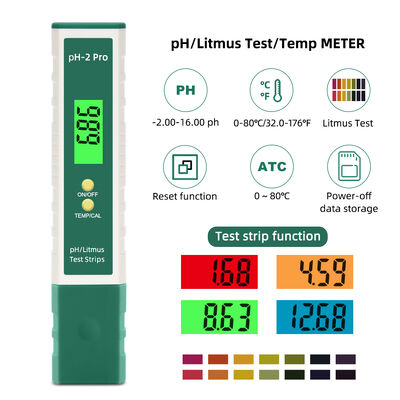 PH-2 Pro pH Meter with Backlit LCD Display Automatic Temperature Compensation and Power-off Data Storage for Water Quality Testing