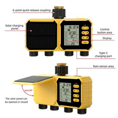 YiERYI ソーラー灌漑タイマー 4系統 散水コントローラー レインセンサー付き 自動スケジュール散水システム チャイルドロック機能付き 庭、芝生、農場灌漑バルブ用