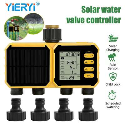 YiERYI ソーラー灌漑タイマー 4系統 散水コントローラー レインセンサー付き 自動スケジュール散水システム チャイルドロック機能付き 庭、芝生、農場灌漑バルブ用