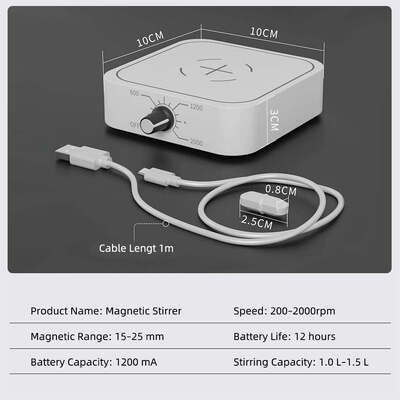 ミニマグネチックスターラー、USB充電式ポータブル液体ミキサー、調整可能速度200-2000 RPM、容量1.0-1.5L、低電圧ラボ用マグネチックミキシング機器