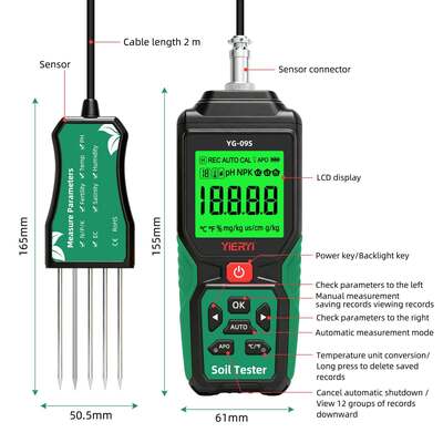 YG-09s9 9-in-1 PH/BC/salinity/fertility/nitrogen, phosphorus, potassium/temperature/humidity handheld soil tester can store and view 12 sets of records