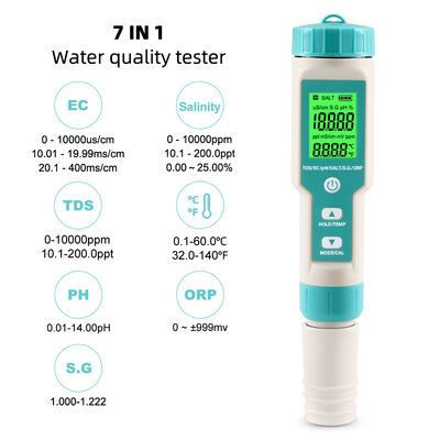7-in-1 水質テスター - EC/塩分/TDS/温度/pH/ORP/比重メーター（養殖、家庭、研究室向け）