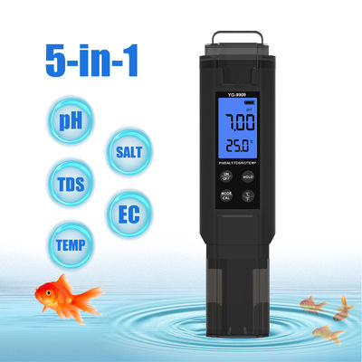 5-in-1 水質テスター - pH/塩分/TDS/EC/温度計、水槽、プール、家庭用