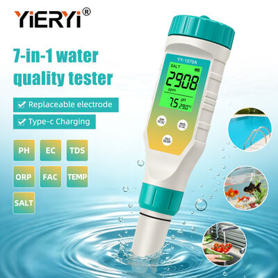 7in1 水質試験ペン, pH塩分 ORP TDS EC FAC TEMP,同時に緑色バックライトディスプレイ,再充電可能